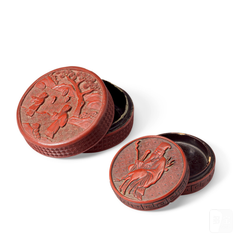 十七至十九世紀 剔紅人物故事圖蓋盒兩件 | TWO CINNABAR LACQUER CIRCULAR BOXES AND COVERS - 图2
